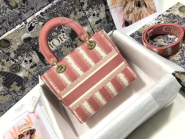 Dior女包 迪奧Lady D-Lite五格刺繡條紋粉色戴妃包 Dior手提肩背斜挎包  dfk1837